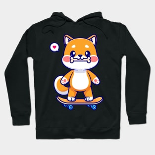 Cute Shiba Inu Bite Bone On Skateboard Cartoon Hoodie